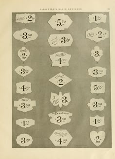 an old paper with numbers and signs on it's sides in black and white