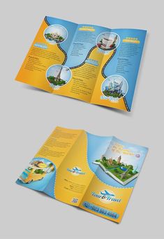 an open tri fold brochure is shown in yellow and blue