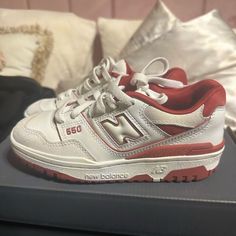 Red And White New Balance 550 Never Worn New Balance White Skate Shoes With Round Toe, New Balance Red High-top Sneakers, Red High-top New Balance Sneakers, Red New Balance 550, Nee Balance, White New Balance 550, Red New Balance, White New Balance, Balance 550