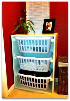 an advertisement for laundry baskets in front of a window with the caption's description