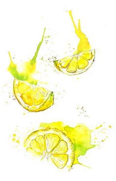 three lemons are cut in half and placed on the ground with watercolor splashes