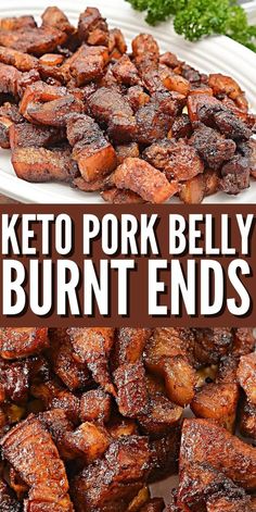 keto pork belly burnt ends on a white plate