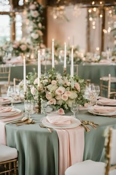 an elegant table setting with candles and flowers