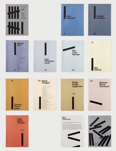 nine different types of paper with black and white lines on them, all in various colors