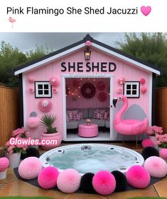 pink flamingo she shed jacuzzi with hot tub in the middle and decorations around it