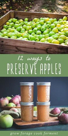 two jars filled with apples sitting on top of a wooden tray next to green apples