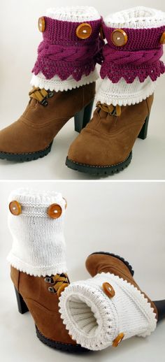 two pictures of boots with knitted socks and buttons on the bottom, one in brown and white