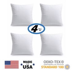 four white pillows with 4 different sizes and logos on the front, one for each pillow