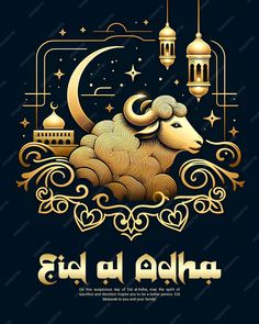 an arabic greeting card with a sheep and mosques in the background, on a dark blue