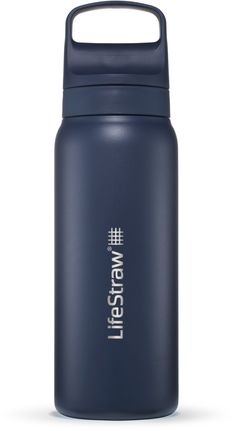 thermos water bottle in blue with white writing on it and an insulated lid