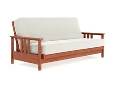 a wooden futon bed frame with white sheets