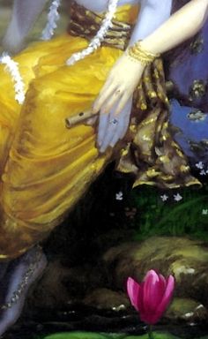 a painting of a woman in a yellow dress sitting on a rock next to a pink flower