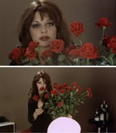 two pictures with one woman holding flowers and the other has roses in front of her face