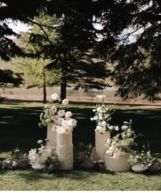 three vases with flowers are sitting on the grass in front of some pine trees