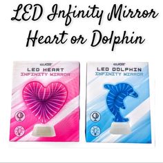 two heart shaped magnets with the words, led infinitity mirror heart or dolphin