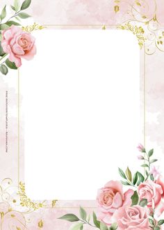 pink roses and green leaves on a watercolor background with a gold frame for the text