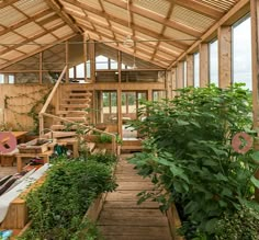 the inside of a building with lots of plants and stairs leading up to the second floor