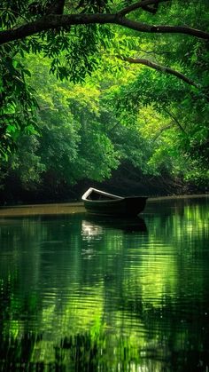 a boat floating on top of a lake surrounded by trees