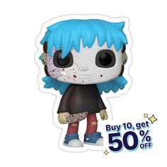 a pop vinyl figure with blue hair and blood on it