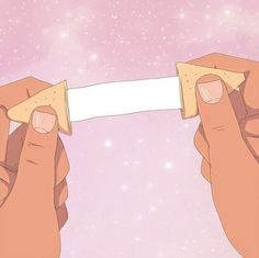 two hands holding a piece of paper in front of a pink background with stars and sparkles