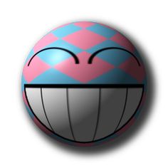 a pink and blue checkered ball with a big smile on it's face