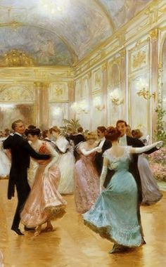 a painting of people dancing in a ballroom