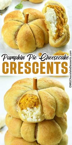 pumpkin pie cheesecake crescents are stacked on top of each other with the crust removed