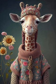 a giraffe wearing a sweater and hat with flowers in front of it on a dark background