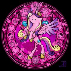 a stained glass window with an image of a pink pony in the center and hearts around it