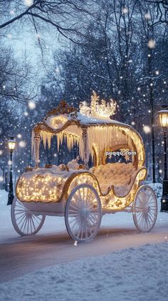 a horse drawn carriage is covered in icicles and lights as it travels through the snow