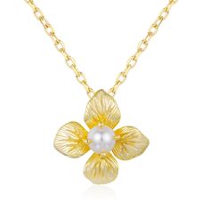 Awaken your inner fairy with the Gossamer Petal Pearl Necklace, a delicate piece that captures nature's beauty in its most serene form. Featuring a lustrous round pearl that radiates a soft, timeless glow, it is within intricately carved petals that evoke the delicate, ethereal vibe, giving the piece a magical twilight garden allure. Paired with a sleek golden chain, this necklace strikes the perfect balance between natural beauty and graceful simplicity. ✦ 14K Yellow Gold Vermeil (14K yellow gold plated over a sterling silver base) Elegant Gold Pearl Necklace With Flower Pendant, Delicate Gold-plated Flower Pendant Necklace, Elegant Flower-shaped Pearl Drop Necklaces, Gold-plated Flower Pendant With Pearl, Elegant Flower-shaped Pearl Necklace With Charm, Twilight Garden, Golden Chain, Gold Vermeil Jewelry, Forever Jewelry