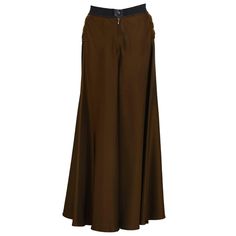 Early 2000's Gaultier brown maxi skirt. Horizontal quilting details on the hips with a pant style front button and zipper closure. The cotton waistband is fashioned from a standard zipper showing the metal edge. In excellent condition. Fits like a US size 8. Long Skater Skirt, Long Circle Skirt, Floor Length Skirts, Flare Skirts, Brown Maxi Skirt, Long Brown Skirt, Long Flared Skirt, Brown Maxi Skirts, Skirts Brown