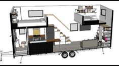 the floor plan of a mobile home is shown in black and white colors, with stairs leading up to the upper level