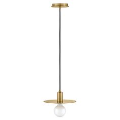 a brass colored pendant light with a white glass ball hanging from the ceiling