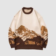 Features: Unisex Pullover Round neck Long sleeves Mountain pattern print Ribbed sleeve cuffs and bottom hem Material: Acrylic. Cotton. Polyester Oversized Korean Fashion, Sweat Vintage, Streetwear Sweater, Coffee Sweater, Pullover Mode, Pull Oversize, Woolen Sweaters, Round Neck Sweaters, Pattern Sweater