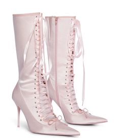 Pink Lace Up Boots, White Pointy Boots, White Princess Shoes, Cute Boots Aesthetic, Vintage Archive Fashion, Pink Boot Heels, Pink Goth Clothes, Pink Boots Aesthetic, Bridgerton Shoes