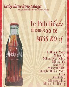 an advertisement for miss me soda on the side of a red and white sign with words