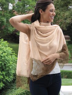 You'll look so hot and keep warm with this classy light Apricot and Bronze Mist lace cover up. Made from the sheerest 100% cashmere, this shawl is flecked with sparkling crystals. Imported. Cashmere Shawl, Sparkling Crystal, Shawls And Wraps, Keep Warm, Apricot, Mist, Shawl, Cover Up, Cashmere