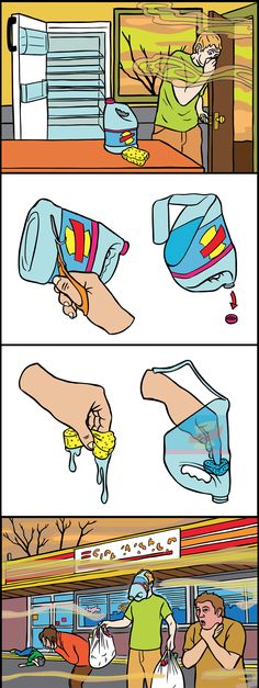 the comics are showing how to use hand sanitizers for cleaning and disinfection