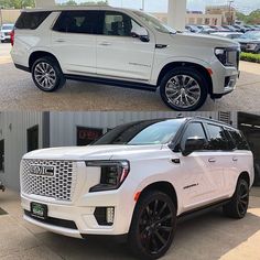 two different views of the same vehicle in front of a building and one with black rims