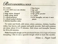 the recipe for ray's knoffla soup is shown in black and white