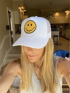 Adorable and so much fun!! This Smiley Face Vintage Trucker hat sits high for that cool Cali surfer vibe. Fully adjustable, foam backing with cotton front, trucker style with a mesh back. Perfect for the beach, sun, or just a bad hair day. Get ready for Summer!! Preppy Selfies, Surfer Hat, Smiley Face Hat, Preppy Hat, Surfer Vibe, Bright Aesthetic, Preppy Accessories, Vintage Trucker Hat, Summer Stuff