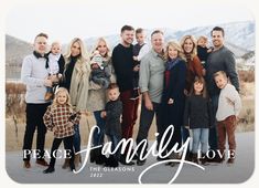 a family photo with the words peace family love in white overlaying it's image