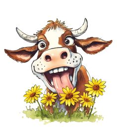 a brown and white cow with its tongue out sitting in the grass surrounded by yellow flowers