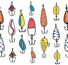 many different types of fishing lures hanging from hooks