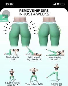 a woman in green tights doing yoga poses with her hands on her hips and the words remove hip dips in just 4 weeks