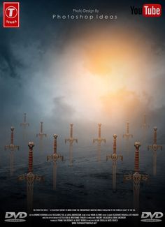 a group of swords in the middle of a foggy field with an orange sun behind them