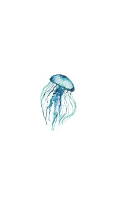 a blue jellyfish floating in the ocean on a white background with watercolor paint