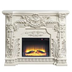 a white fireplace with an ornate design on the mantle and fire flames in it's center