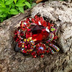 a red brooch sitting on top of a tree branch